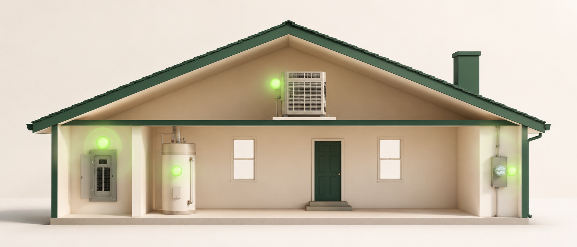 Architectural cutaway of a single-story home showing four monitored systems: electrical panel, water heater, HVAC condenser, and main service meter.