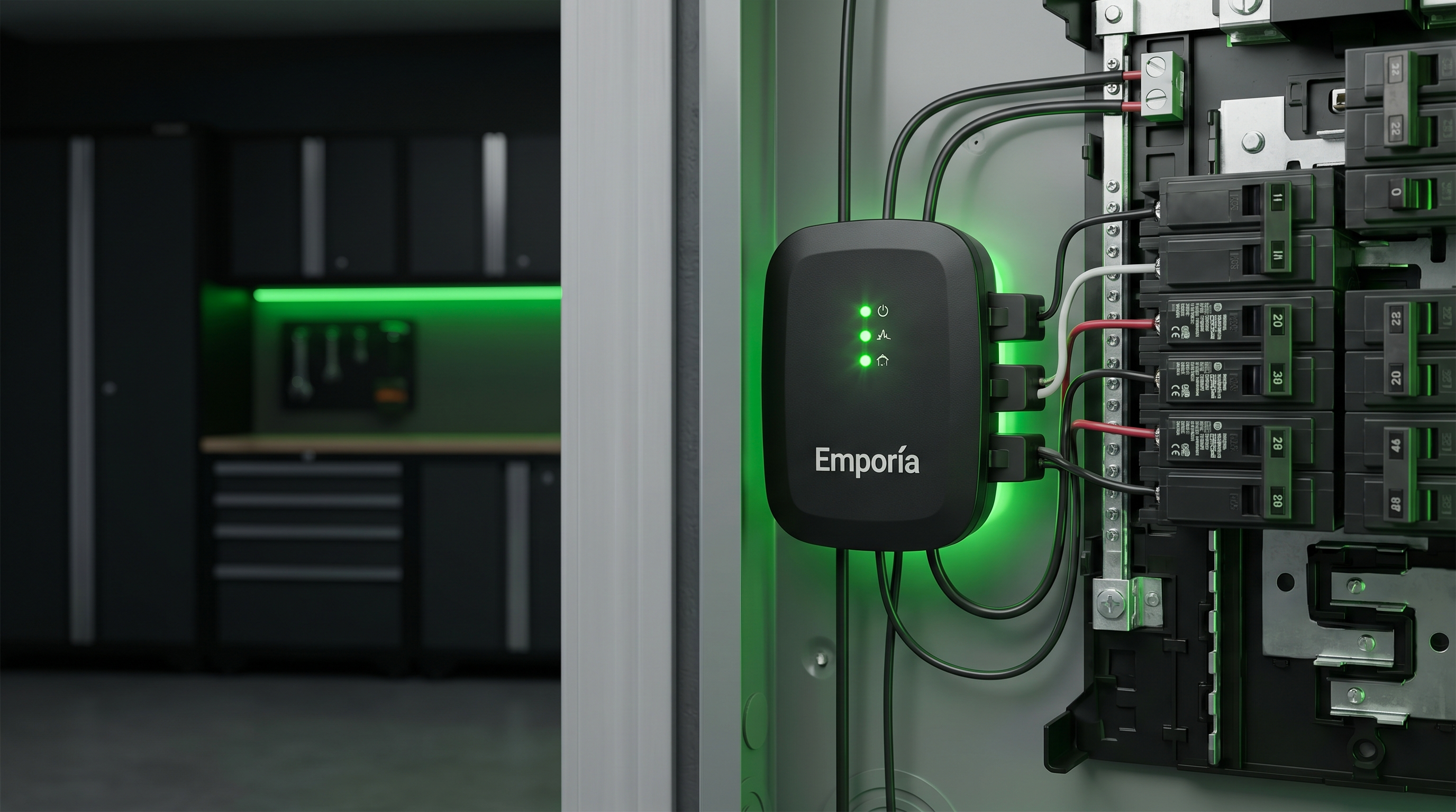 Emporia energy monitor mounted on a residential electrical panel, green LED status indicators showing all systems monitored and active