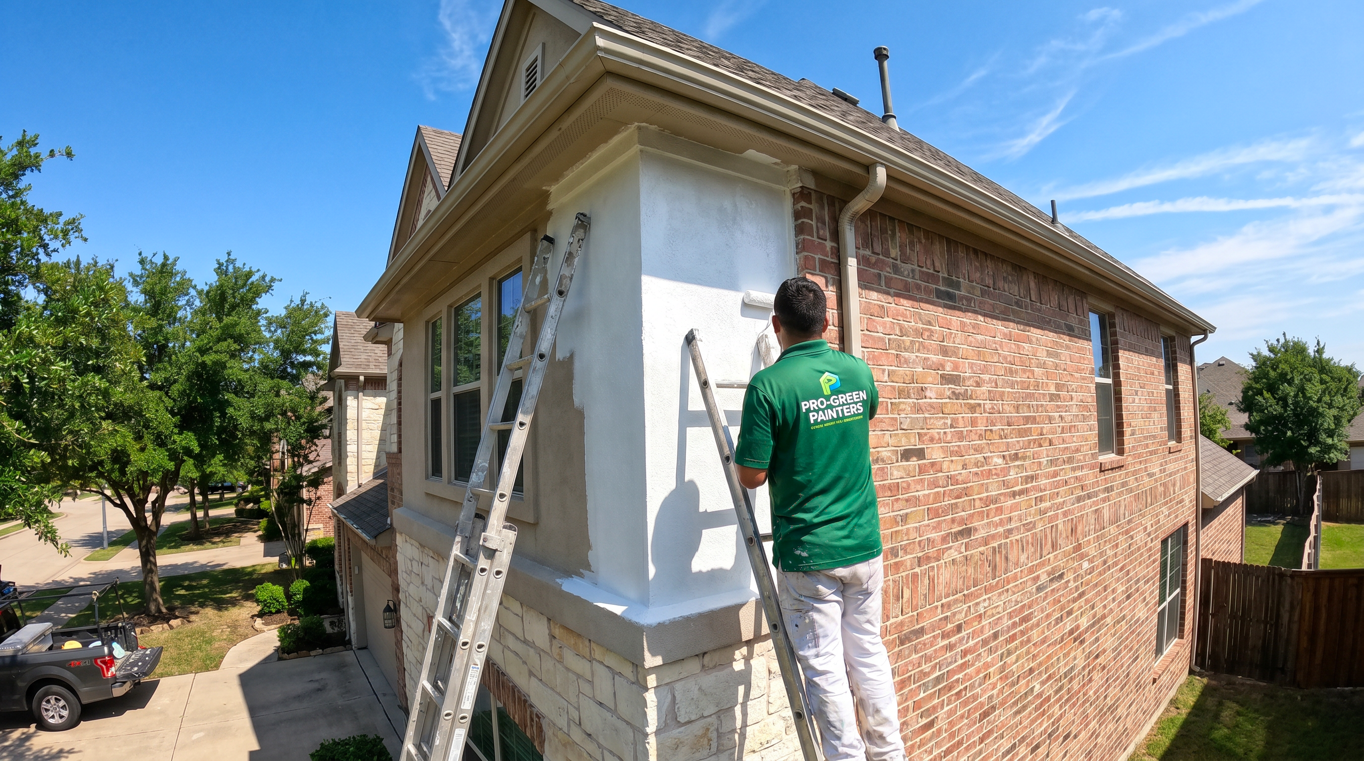 Freshly painted classic Texas home exterior with crisp white trim and warm afternoon light