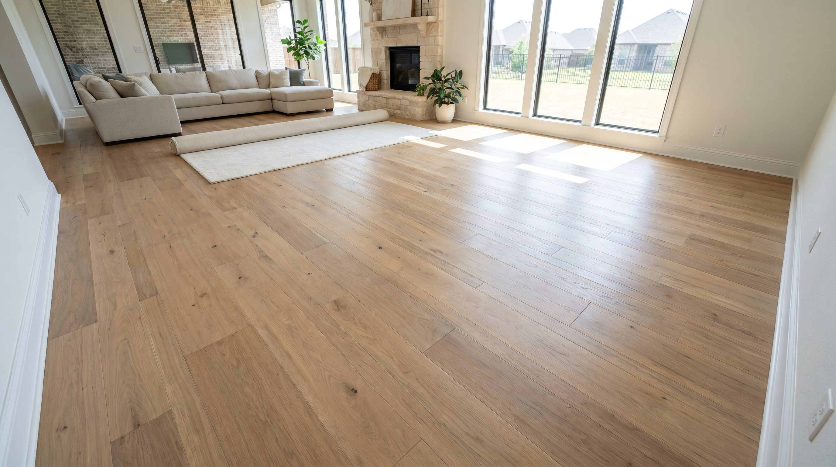 Wide-plank hardwood floors in a warm sun-lit DFW living room with clean sightlines