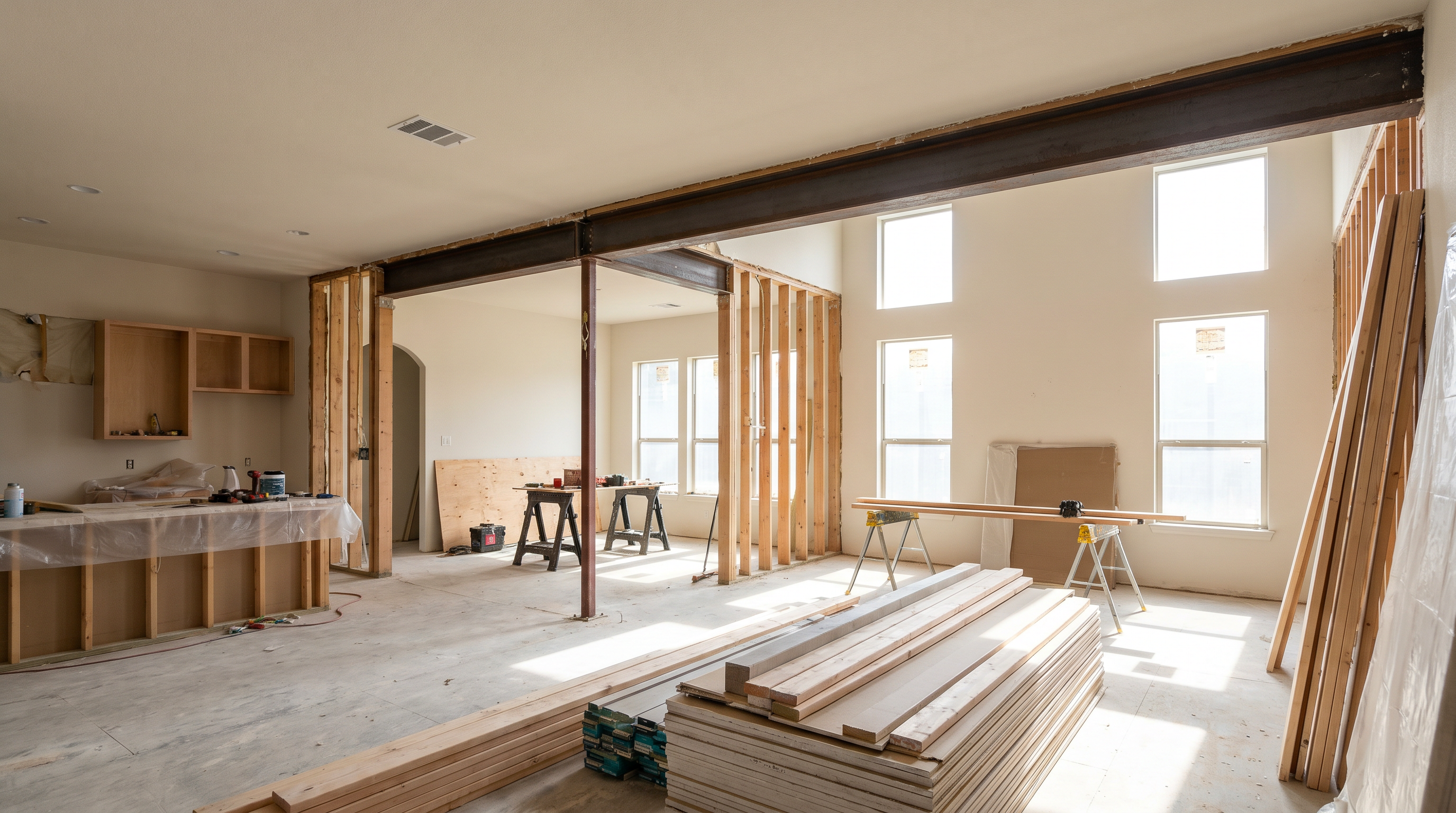 Bright open-concept DFW home interior showing exposed steel beam and vaulted ceiling after load-bearing wall removal
