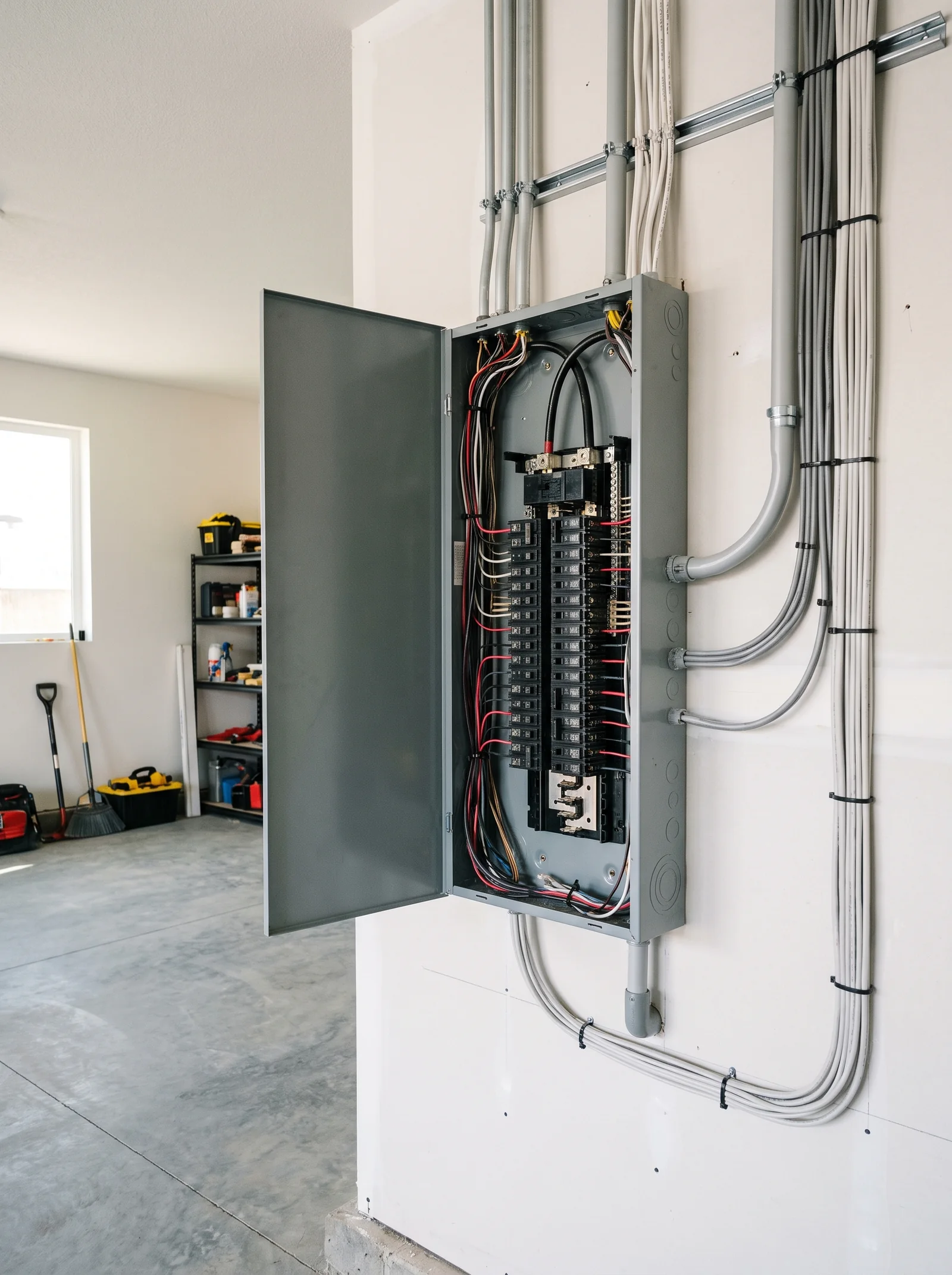 Emporia energy monitor mounted on a residential electrical panel, green LED status indicators showing all systems monitored and active