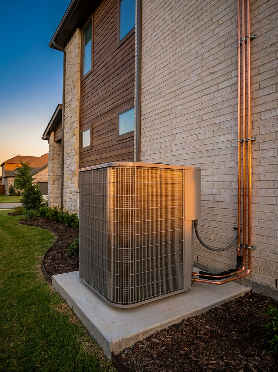 Residential outdoor HVAC condenser installed beside a brick Dallas-Fort Worth home