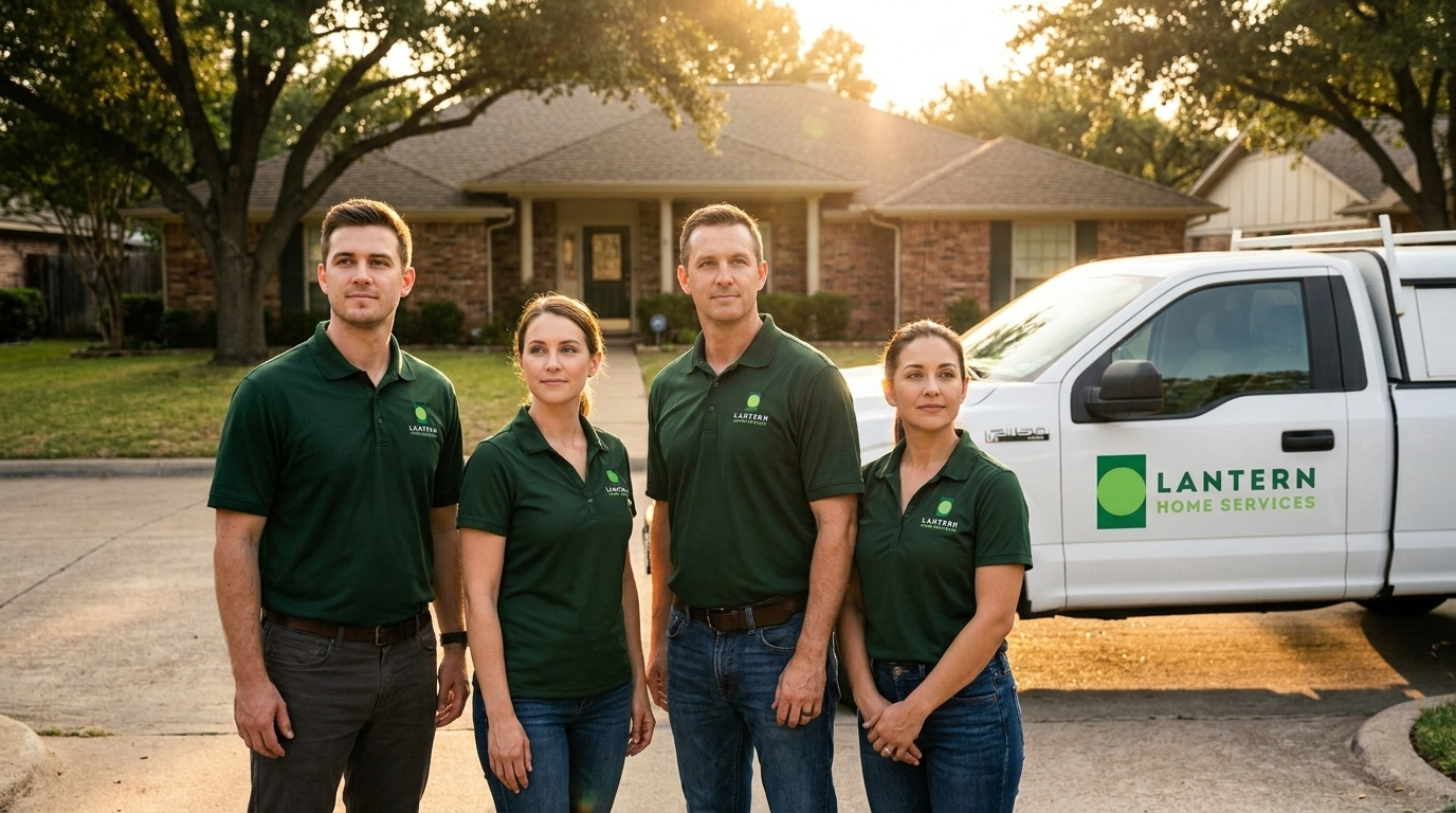Lantern Home Services crew in front of branded work truck at golden hour in a Dallas-Fort Worth suburban driveway