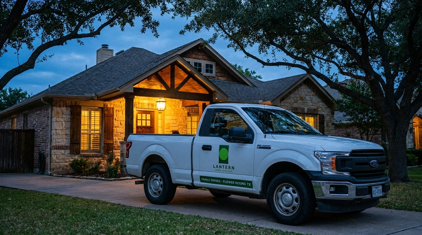 White Lantern Home Services work truck parked in a Dallas-Fort Worth craftsman home driveway at dusk with Family Owned decal visible