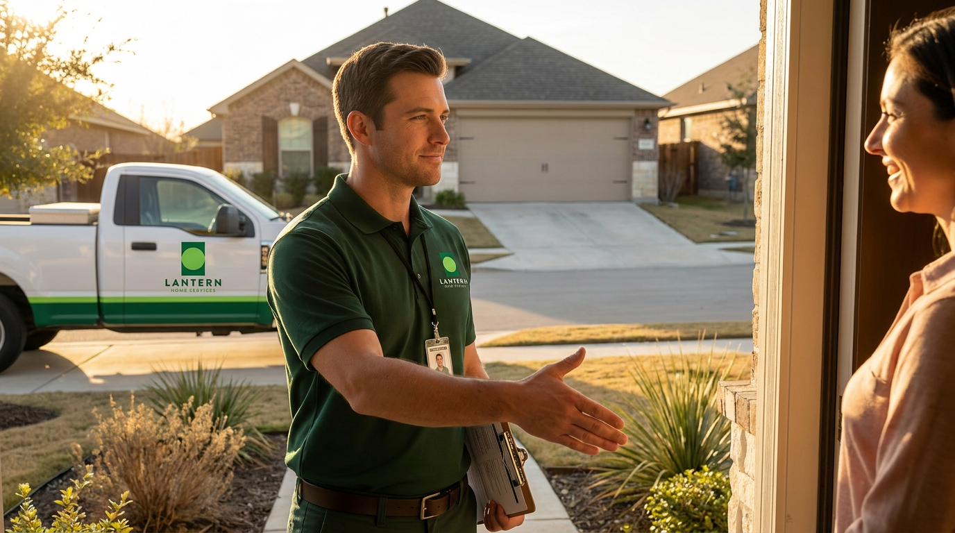 Lantern technician at front door of a Texas home with extended handshake and clipboard