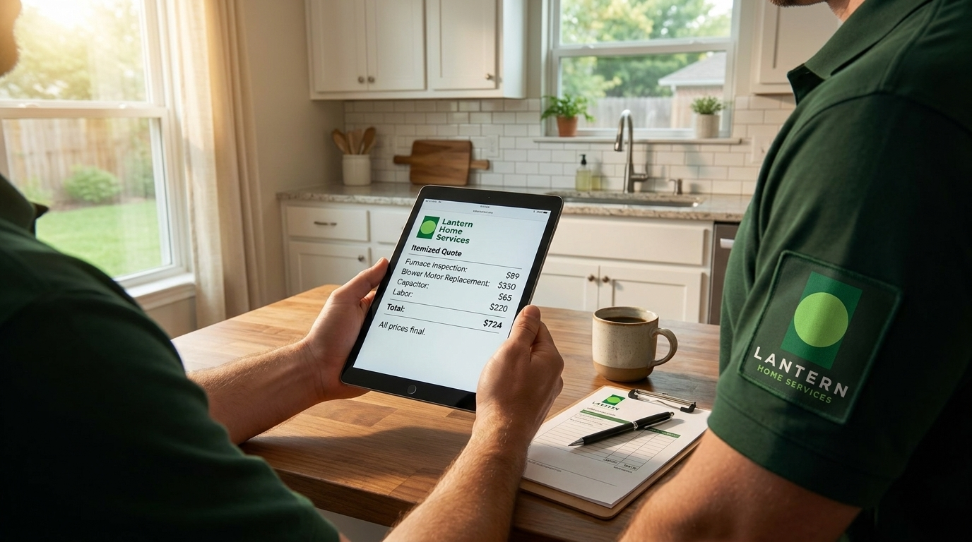 Technician hands holding tablet with itemized written quote on a kitchen island