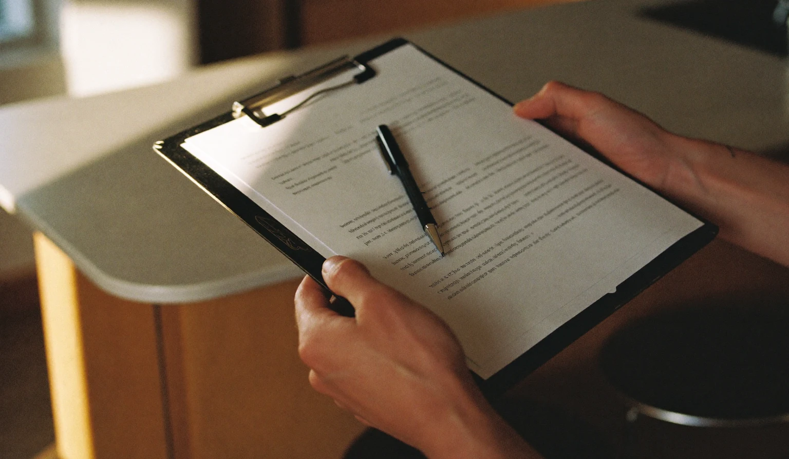 Hands holding a clipboard with a printed written estimate on it at a kitchen counter, pen resting on the page
