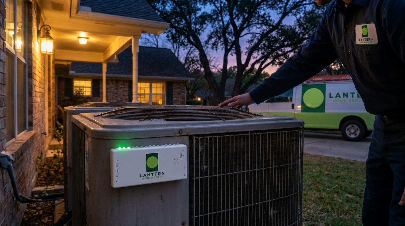 Lantern Guardians sensor mounted beside an HVAC condenser at blue dusk with green LED